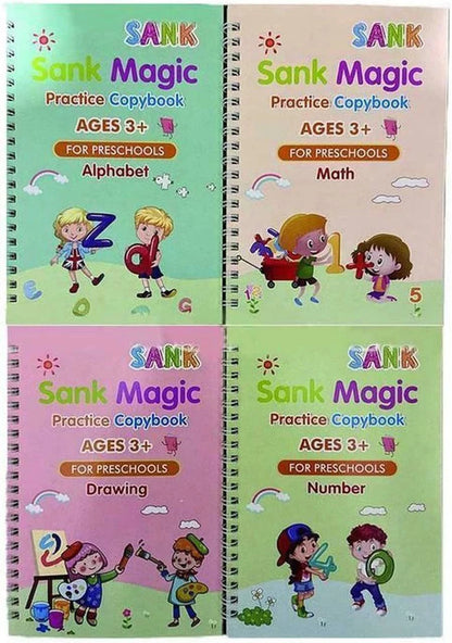 Sank Magic Practice Copybook | 4 Books + 1 Magic Pen + 1 Grip + 10 Refills | Reusable Alphabet Numbers Math Drawing | Kids Ages 3–10