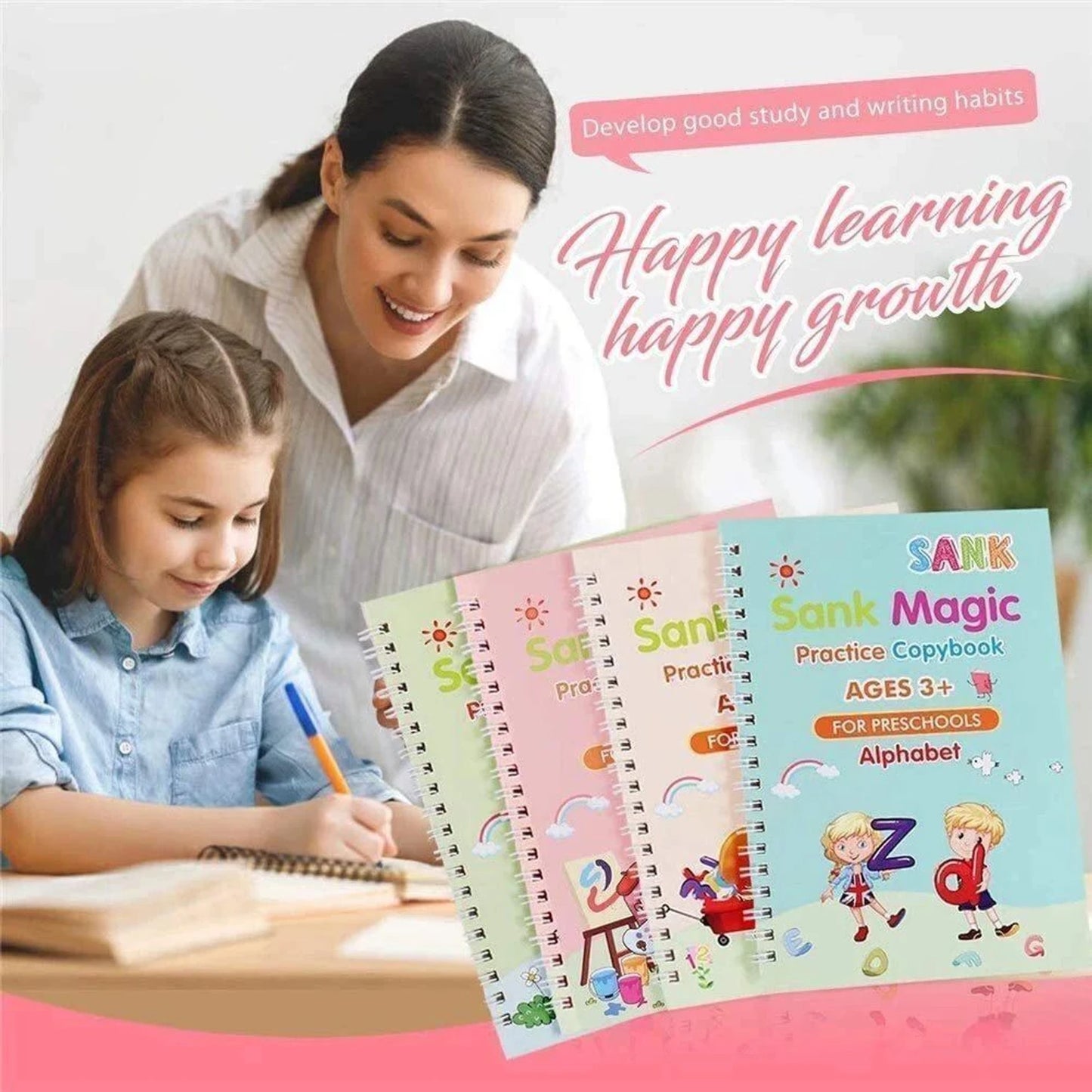 Sank Magic Practice Copybook | 4 Books + 1 Magic Pen + 1 Grip + 10 Refills | Reusable Alphabet Numbers Math Drawing | Kids Ages 3–10