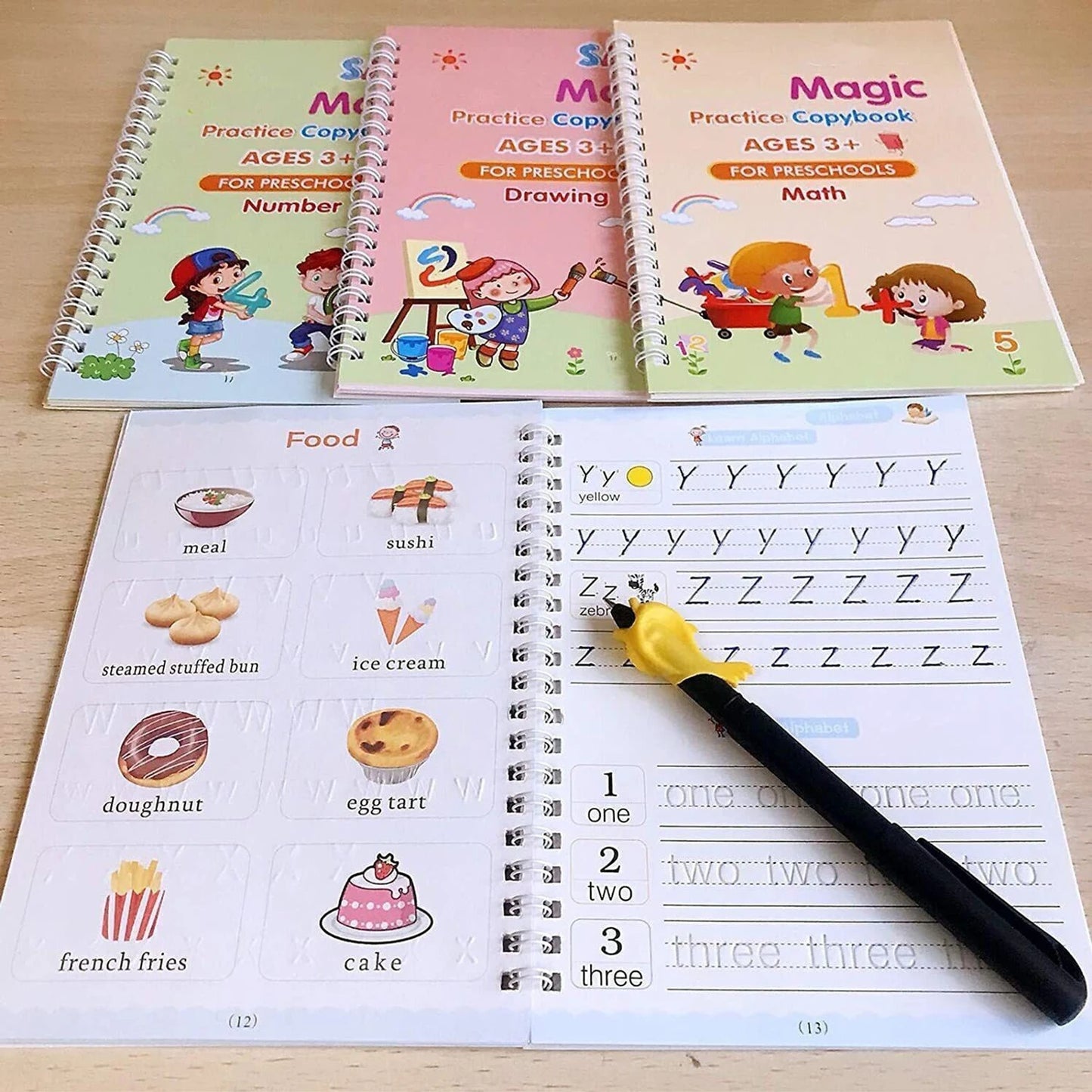 Sank Magic Practice Copybook | 4 Books + 1 Magic Pen + 1 Grip + 10 Refills | Reusable Alphabet Numbers Math Drawing | Kids Ages 3–10