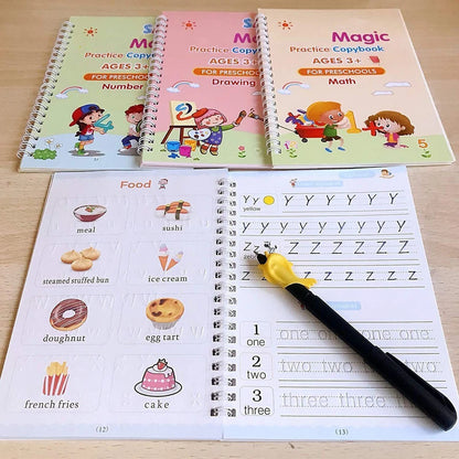 Sank Magic Practice Copybook | 4 Books + 1 Magic Pen + 1 Grip + 10 Refills | Reusable Alphabet Numbers Math Drawing | Kids Ages 3–10