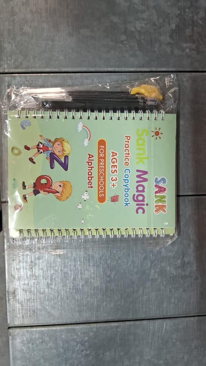Sank Magic Practice Copybook | 4 Books + 1 Magic Pen + 1 Grip + 10 Refills | Reusable Alphabet Numbers Math Drawing | Kids Ages 3–10