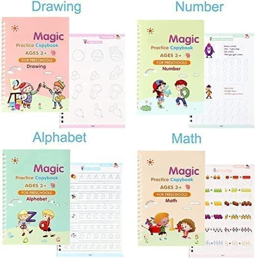 Sank Magic Practice Copybook | 4 Books + 1 Magic Pen + 1 Grip + 10 Refills | Reusable Alphabet Numbers Math Drawing | Kids Ages 3–10