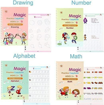 Sank Magic Practice Copybook | 4 Books + 1 Magic Pen + 1 Grip + 10 Refills | Reusable Alphabet Numbers Math Drawing | Kids Ages 3–10