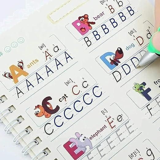 Sank Magic Practice Copybook | 4 Books + 1 Magic Pen + 1 Grip + 10 Refills | Reusable Alphabet Numbers Math Drawing | Kids Ages 3–10