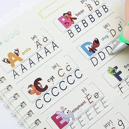 Sank Magic Practice Copybook | 4 Books + 1 Magic Pen + 1 Grip + 10 Refills | Reusable Alphabet Numbers Math Drawing | Kids Ages 3–10
