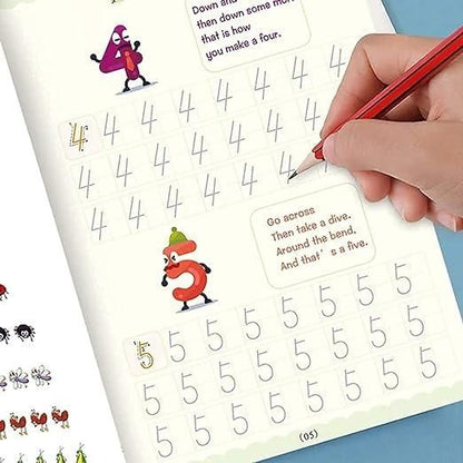 Sank Magic Practice Copybook | 4 Books + 1 Magic Pen + 1 Grip + 10 Refills | Reusable Alphabet Numbers Math Drawing | Kids Ages 3–10