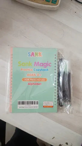 Sank Magic Practice Copybook | 4 Books + 1 Magic Pen + 1 Grip + 10 Refills | Reusable Alphabet Numbers Math Drawing | Kids Ages 3–10