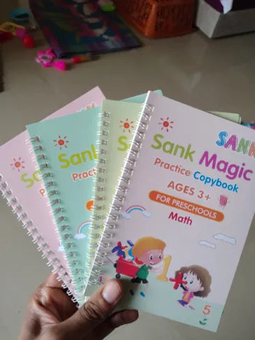 Sank Magic Practice Copybook | 4 Books + 1 Magic Pen + 1 Grip + 10 Refills | Reusable Alphabet Numbers Math Drawing | Kids Ages 3–10