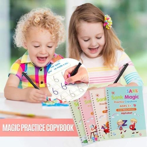 Sank Magic Practice Copybook | 4 Books + 1 Magic Pen + 1 Grip + 10 Refills | Reusable Alphabet Numbers Math Drawing | Kids Ages 3–10
