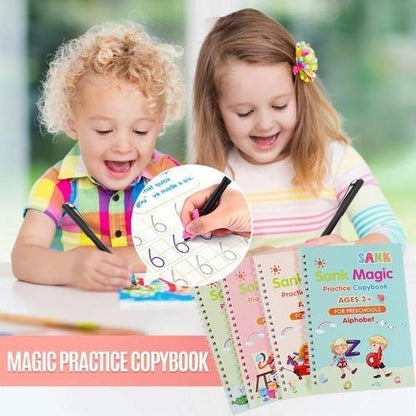 Sank Magic Practice Copybook | 4 Books + 1 Magic Pen + 1 Grip + 10 Refills | Reusable Alphabet Numbers Math Drawing | Kids Ages 3–10
