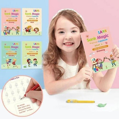Sank Magic Practice Copybook | 4 Books + 1 Magic Pen + 1 Grip + 10 Refills | Reusable Alphabet Numbers Math Drawing | Kids Ages 3–10