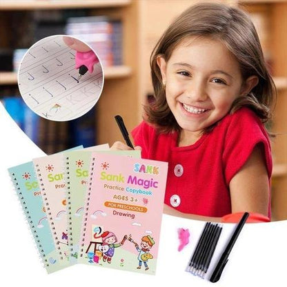 Sank Magic Practice Copybook | 4 Books + 1 Magic Pen + 1 Grip + 10 Refills | Reusable Alphabet Numbers Math Drawing | Kids Ages 3–10