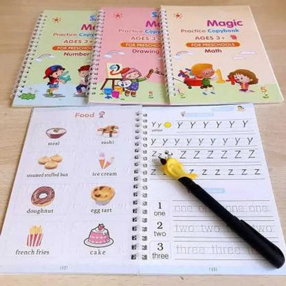 Sank Magic Practice Copybook | 4 Books + 1 Magic Pen + 1 Grip + 10 Refills | Reusable Alphabet Numbers Math Drawing | Kids Ages 3–10