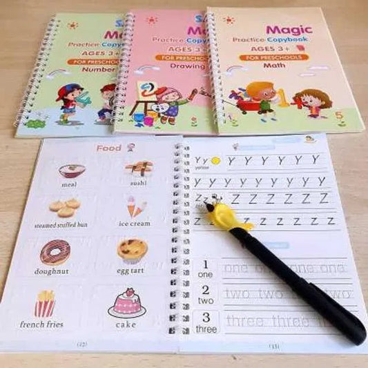 Sank Magic Practice Copybook | 4 Books + 1 Magic Pen + 1 Grip + 10 Refills | Reusable Alphabet Numbers Math Drawing | Kids Ages 3–10