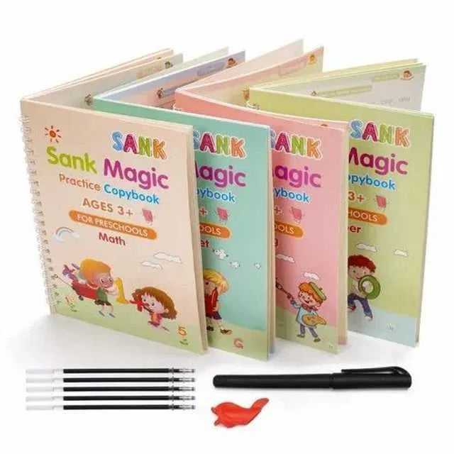 Sank Magic Practice Copybook | 4 Books + 1 Magic Pen + 1 Grip + 10 Refills | Reusable Alphabet Numbers Math Drawing | Kids Ages 3–10