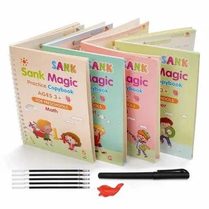 Sank Magic Practice Copybook | 4 Books + 1 Magic Pen + 1 Grip + 10 Refills | Reusable Alphabet Numbers Math Drawing | Kids Ages 3–10