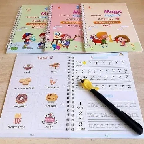 Sank Magic Practice Copybook | 4 Books + 1 Magic Pen + 1 Grip + 10 Refills | Reusable Alphabet Numbers Math Drawing | Kids Ages 3–10