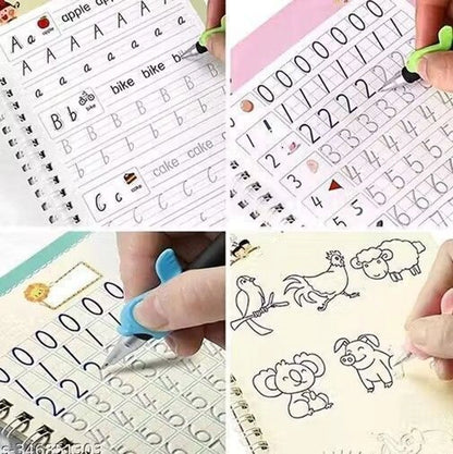 Sank Magic Practice Copybook | 4 Books + 1 Magic Pen + 1 Grip + 10 Refills | Reusable Alphabet Numbers Math Drawing | Kids Ages 3–10